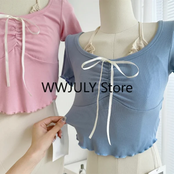 Sweet Kawaii Crop Tops Women Blue Bodycon Slim Blouse - Image 9