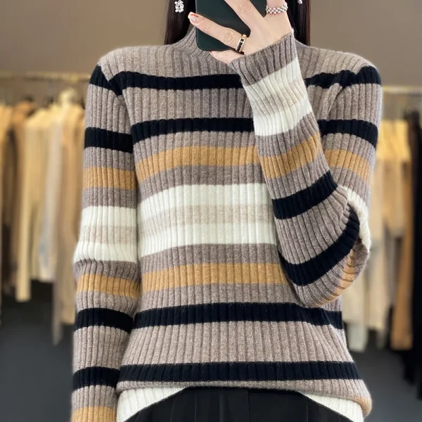 Women's semi-high neck contrast striped knit pullover fashion slim top - Image 2