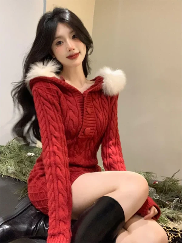 Knitted Sweater Dress Hooded Women Slim Bodycon