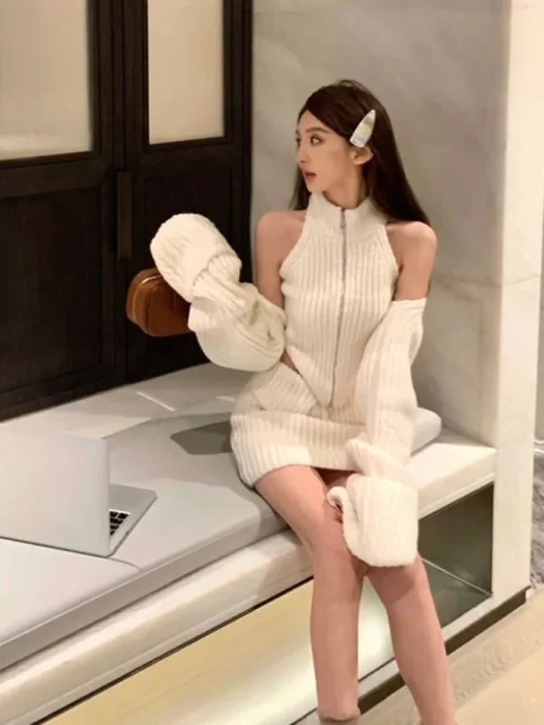 Elegant Knitted Clothing 3 Piece Set Casual Short Cardigan - Image 2