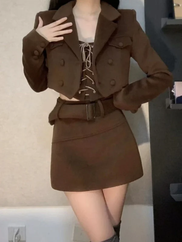 Korean Fashion 3 Piece Set Casual Vintage Suit Short Coat - Image 2