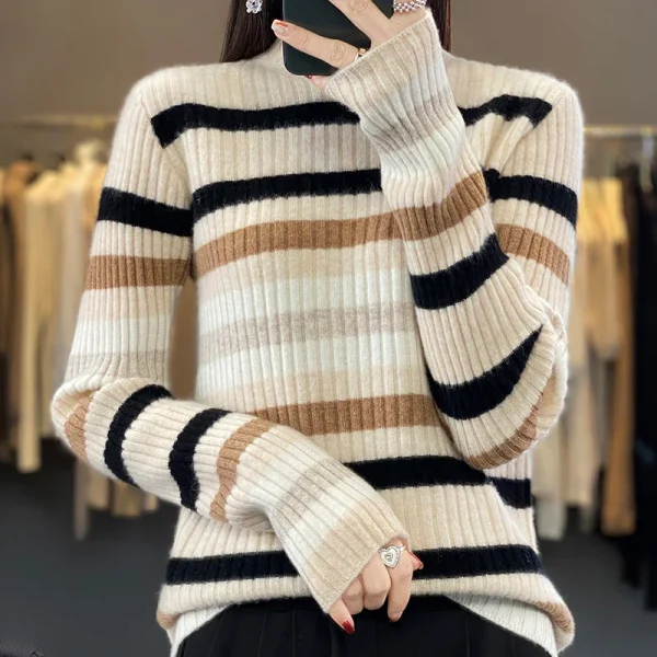 Women's semi-high neck contrast striped knit pullover fashion slim top - Image 4