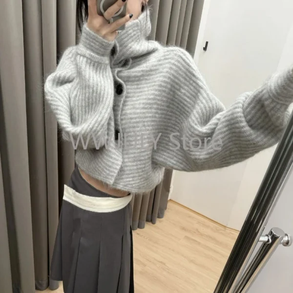 Gray Striped Women Sweater Vintage Turtleneck Korean Fashion - Image 3