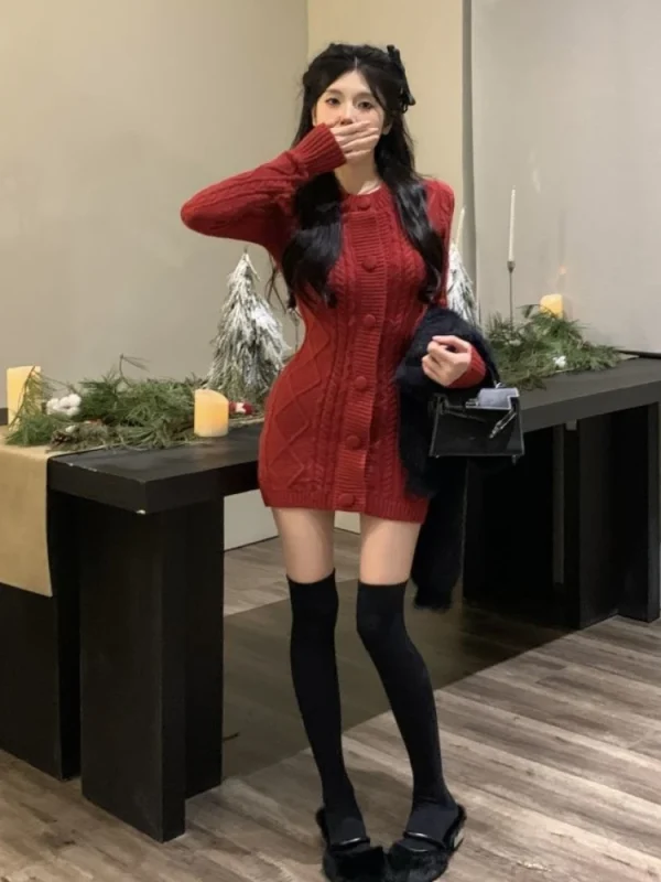 Warm Knitted Sweater Dress Slim Korean Fashion  Mini Dress Woman - Image 3