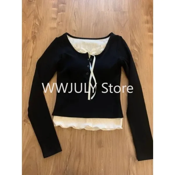 Crop T Shirts Women Sweet Bow Aesthetic Fake Two Piece Tops - Image 3