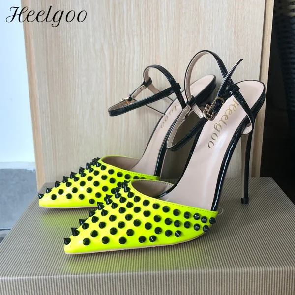 Lemon Green Women Sexy Spikes Pointy Toe Sling back High Heels - Image 2