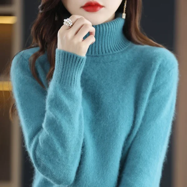 velvet women's sweater solid color turtleneck knit pullover - Image 4