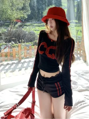 Vintage Suit Sexy Patchwork 2 Piece Set Contrast Color Crop T-shirt