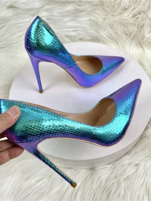 Blue Embossed Snakeskin Women Sexy Pointy Toe High Heel Shoes