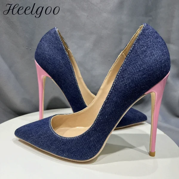 Sexy Denim Blue Women Pointy Toe High Heel Shoes - Image 2