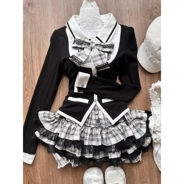 Cardigan Coat Ruffles Plaid Mini Skirt Female Korean Fashion Lolita Outfits - Image 7