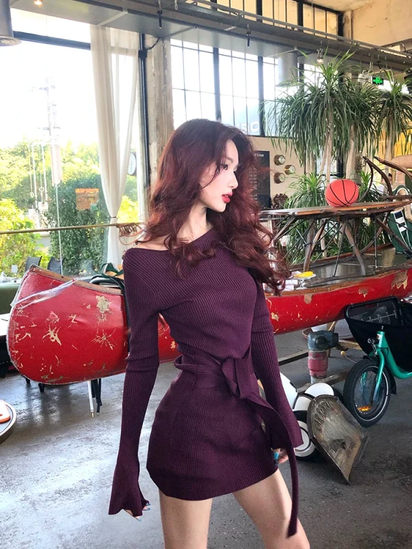 Sexy Slim Bodycon Knitted Dress Woman Purple Elegant Mini Dress Party