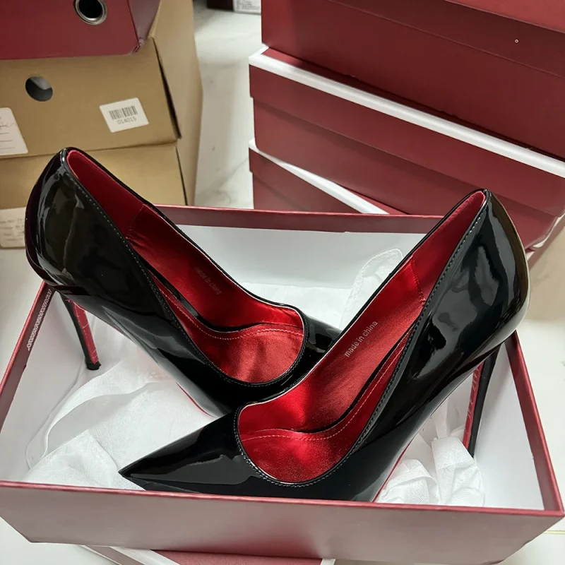 Sexy 12cm Glossy Black Women Red Inside Stilettos Pump Office - Image 5