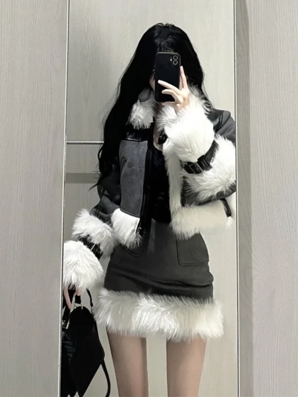 Skirt Set Woman Korean Style Suit Warm Fashion Fur Coat Jacket - Image 2