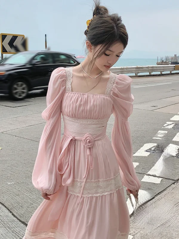 Woman French Elegant Lace Midi Dress Party Long Sleeve Korean Fashion