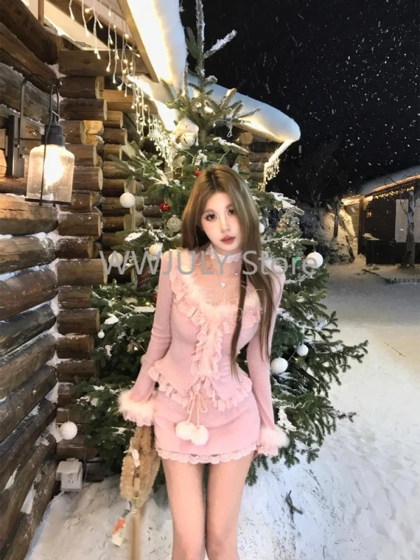 Winter Lace-up Knitted Skirt Suits Long Sleeve Fur Collar Slim - Image 3