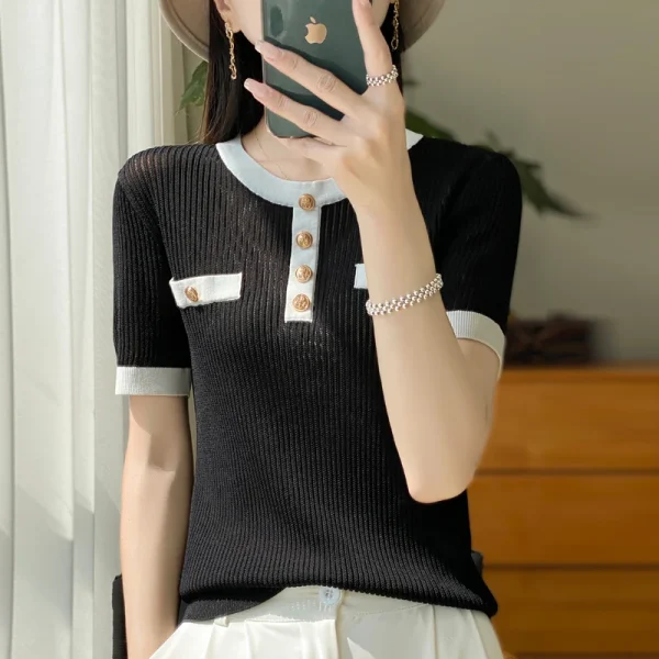 sweater women's color matching round neck pullover short sleeve - Image 5