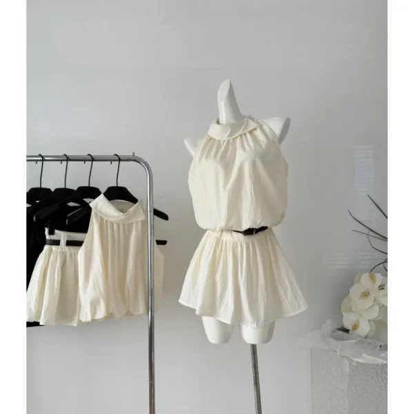 Elegant Solid Sleeveless Tops High Waist Pleated Y2k Mini Skirt Hot Girls - Image 5