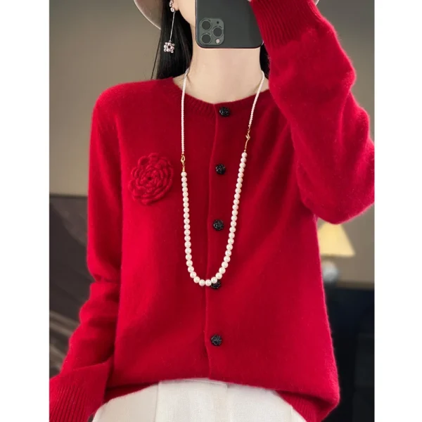 Wool sweater new temperament red sweater coat - Image 2