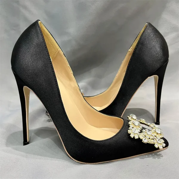 Square Women Black Satin Pointy Toe High Heel Shoes - Image 4