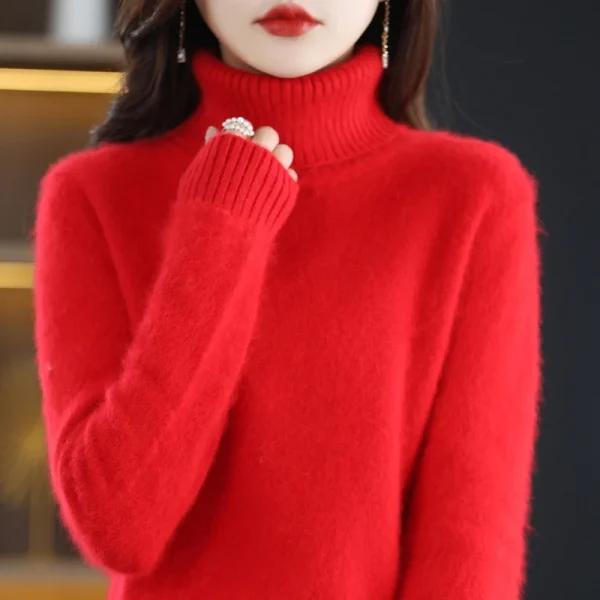 velvet women's sweater solid color turtleneck knit pullover - Image 5