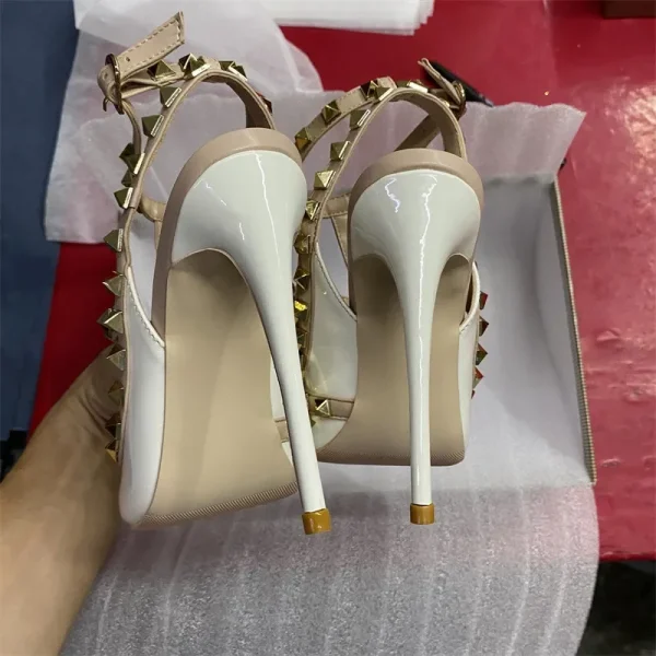 Gold Studs Women White Patent Pointy Toe Slingbacks Sandals - Image 3