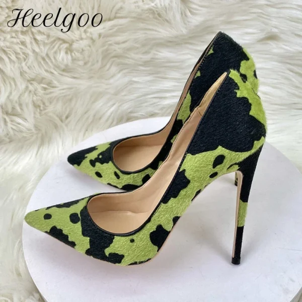 Hairy Fabric Women Green Cow Pattern Pointy Toe High Heel Shoes - Image 2