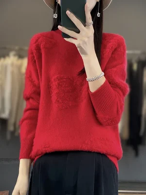 wool cashmere pullover Women’s O-neck pullover warm bottom knit shirt