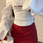 White Print Long Sleeve Tops  Red Y2k Mini Skirt Korean Style - Image 7