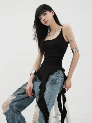 Ruffle Tank Tops Women Korean Streetwear Punk