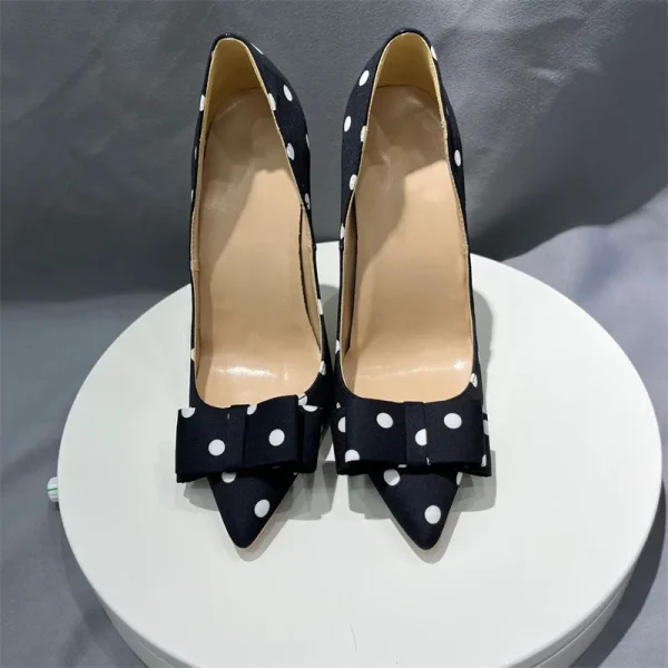 Polka Dot Bow Women Black Satin Sexy Pointy Toe High Heel Shoes - Image 4