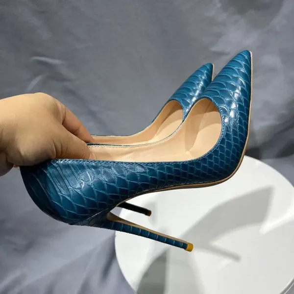 Dark Blue Croc-Effect Women Sexy Pointy Toe High Heel Shoes - Image 4