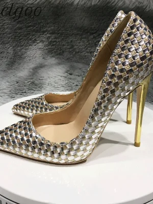 2025 Sexy Plaid Pleated Women Glitter Gold High Heels