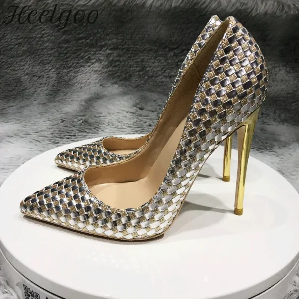 2025 Sexy Plaid Pleated Women Glitter Gold High Heels