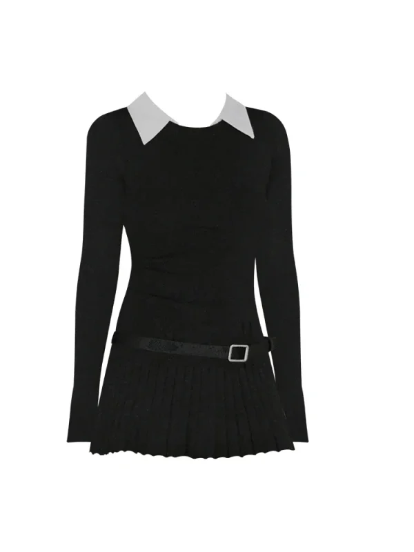 Women Korean Preppy Style Mini Black Shirt Dress Fake Two Pieces Long Sleeve - Image 2