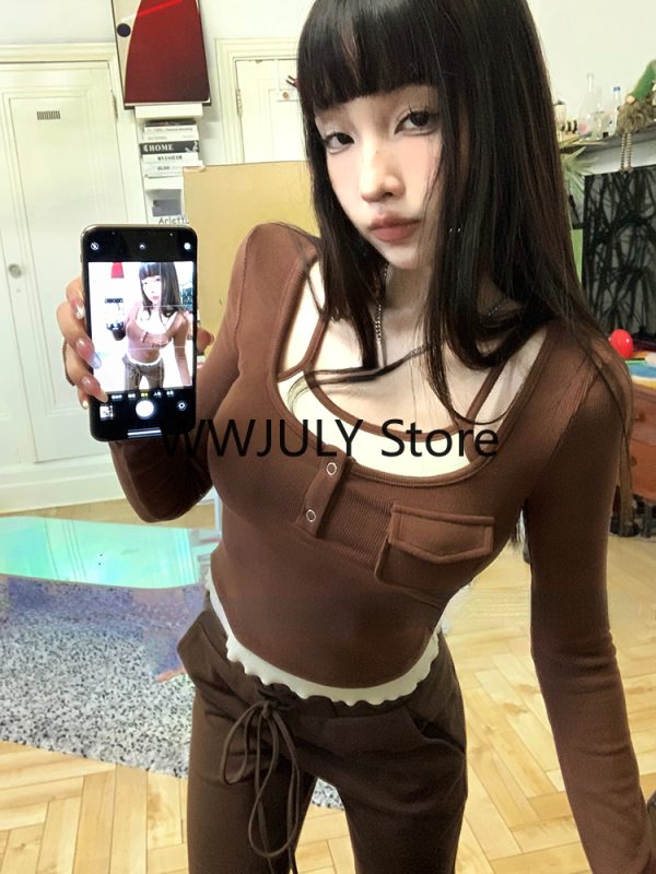 Korean Fashion Knitted Fake Two Tops Basic Slim Bodycon Sweater - Image 8