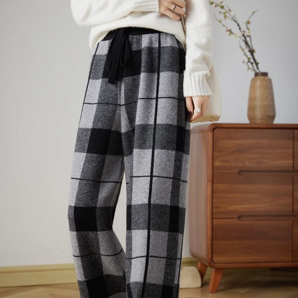 Wool knitted pants elastic waist plaid loose fashion wide-leg pants - Image 5