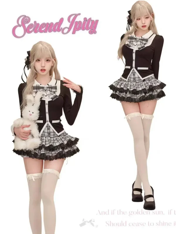 Cardigan Coat Ruffles Plaid Mini Skirt Female Korean Fashion Lolita Outfits - Image 4