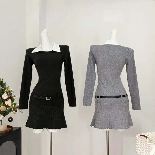 Women Korean Preppy Style Mini Black Shirt Dress Fake Two Pieces Long Sleeve - Image 4