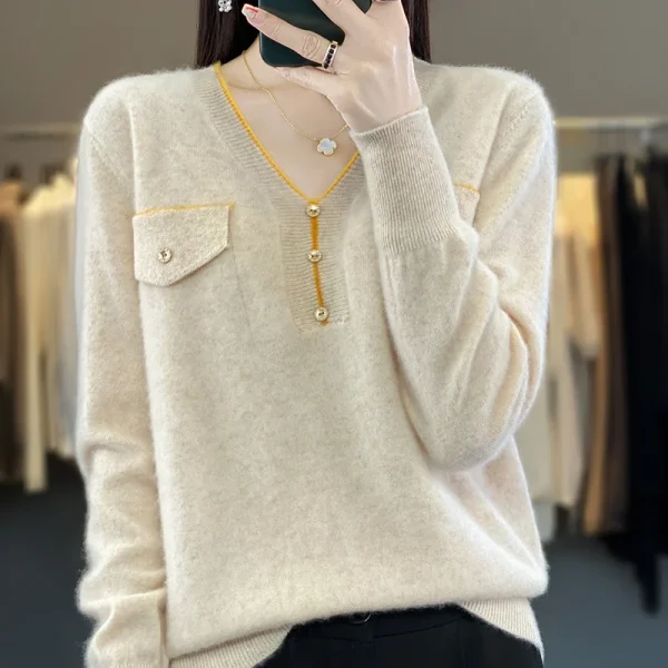 Cashmere sweater solid color button V-neck knitted pullover casual fashion - Image 4