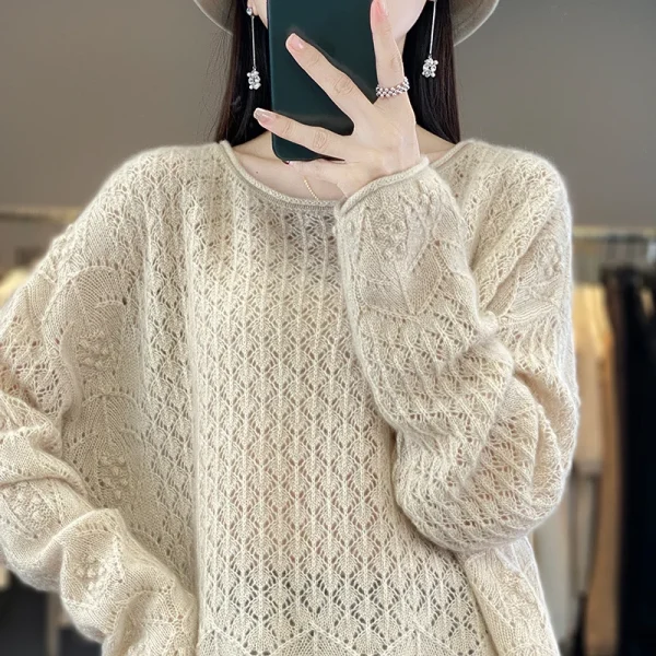 sweater women's knitted hollow round neck pullover - Image 5