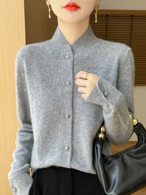 Chinese stand collar  Merino wool cardigan Autumn