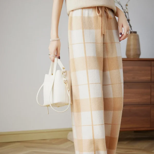 Wool knitted pants elastic waist plaid loose fashion wide-leg pants - Image 3