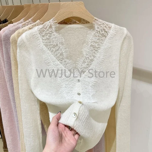 Winter Sexy Slim Lace Patchwork Knitted Tops Women's Clothing Casual V-Neck - Image 5