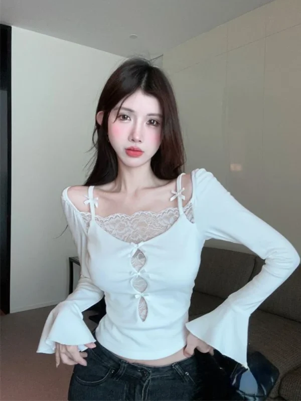 Aesthetic Bow T-shirts Slim Casual Streetwear Lace Patchwork Crop Tops