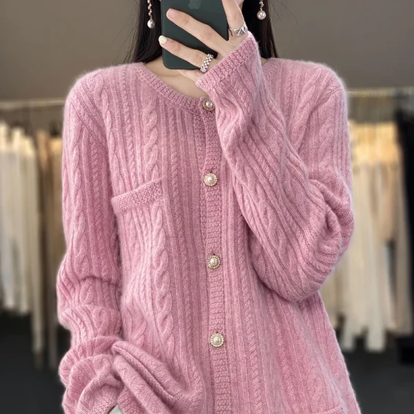 wool cardigan women's solid color loose twisted knit sweater - Image 3