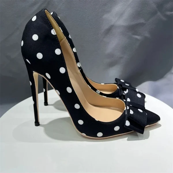 Polka Dot Bow Women Black Satin Sexy Pointy Toe High Heel Shoes - Image 3