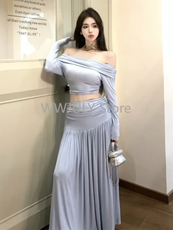 Slash Neck Cropped Top High Waist Midi Skirt Korean Fashion Ladies Outfits