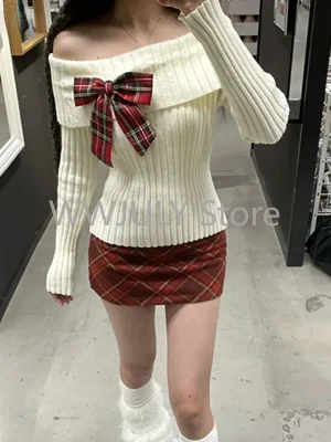 Sweet Knitted Two Piece Sets Women Elegant Bow Sweater Tops Retro Plaid Mini Skirt