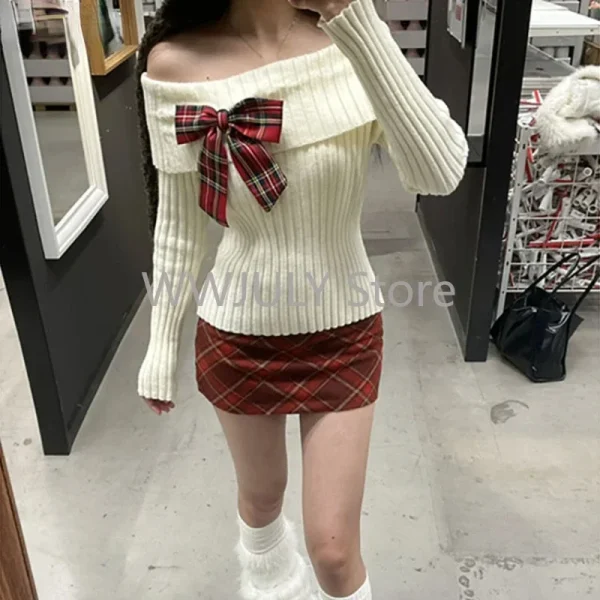 Sweet Knitted Two Piece Sets Women Elegant Bow Sweater Tops Retro Plaid Mini Skirt